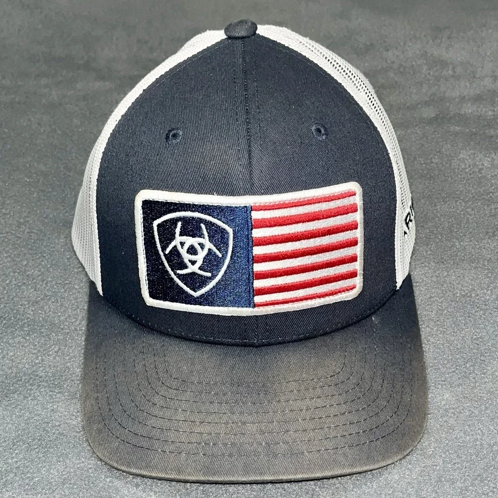 Ariat Hat Cap Snap Back Navy White American Flag Patch Mesh Trucker Mens Rodeo